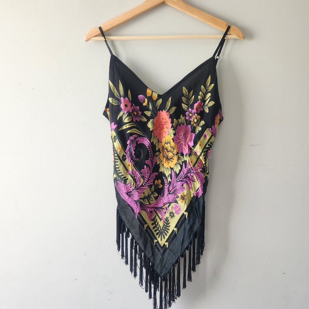 Vintage Cache Silk Beaded Fringe 1990s Top Medium